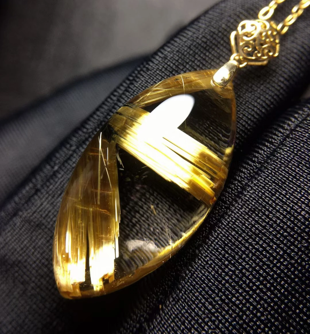 Natural Gold Rutilated Quartz Pendant Necklace 25*12.8*8.5mm Cat Eye Rutilated 18K Gold Women Men Jewelry AAAAAAA