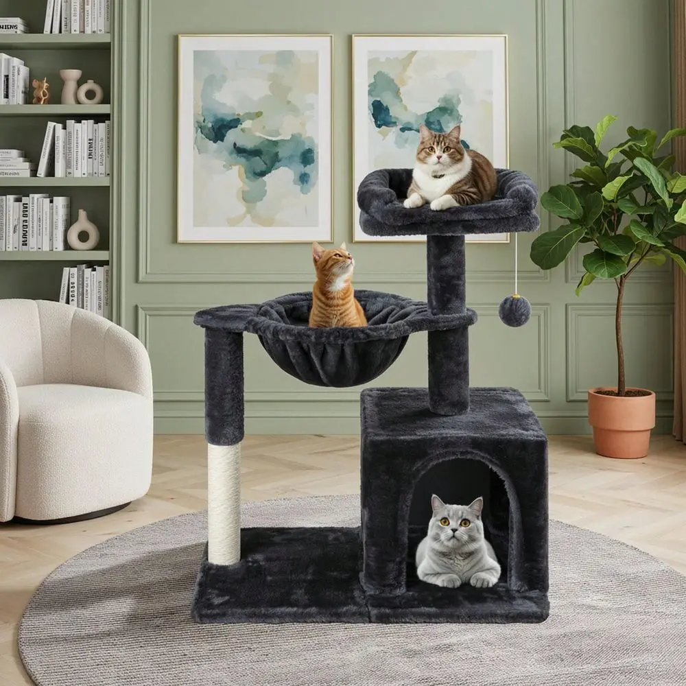 

29.5 In Indoor Cat Tree, MultiLevel Cat Tower With Sisal ching Posts, Padded Perch, Basket, Condo, And Hanging Ball, Suita
