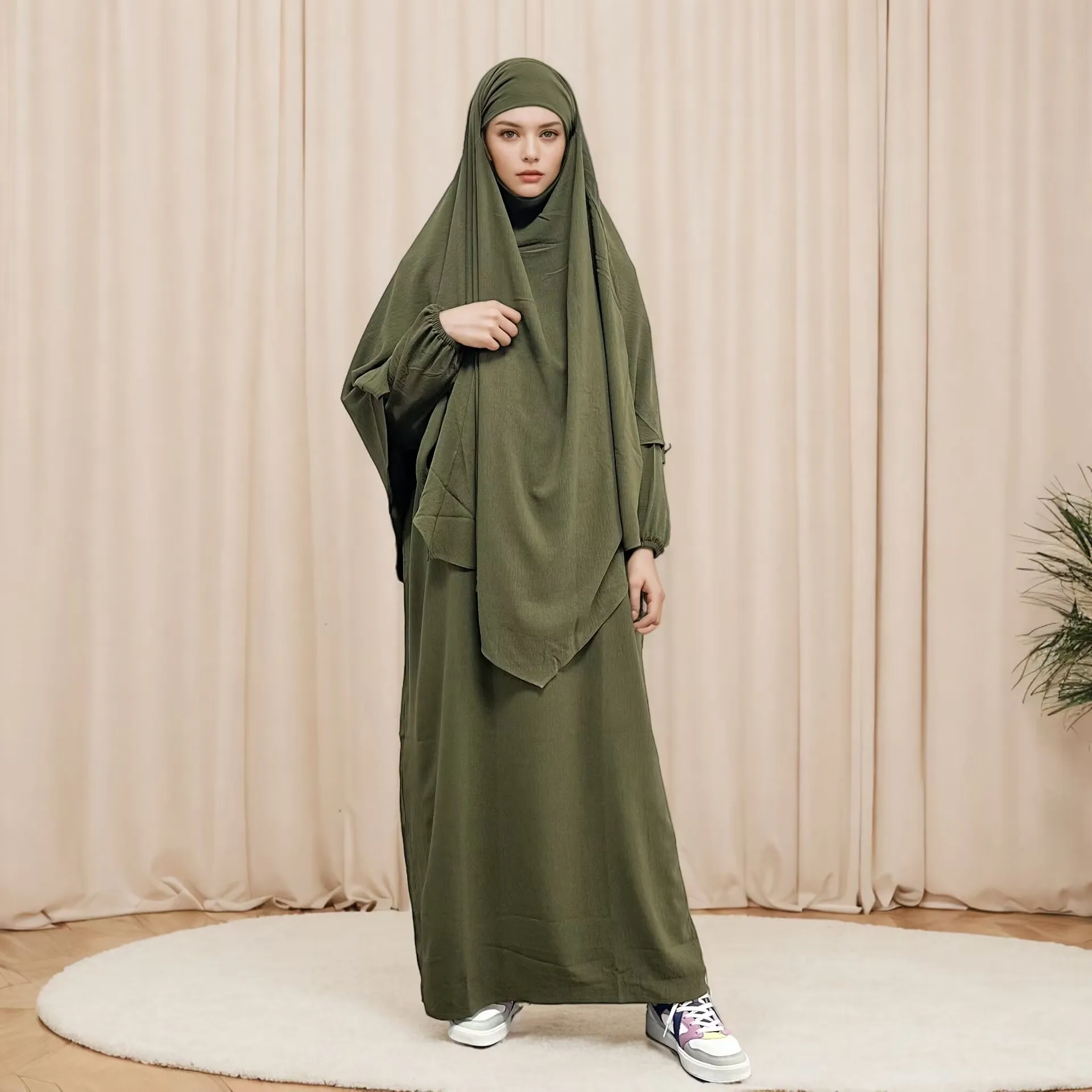 2 stücke Ramadan Muslimischen Frauen Overhead Khimar Abayas Set Islamischen Gebet Kleidungsstück Kleidung Mit Kapuze Abaya Hijab Kleid Overhead kaftan