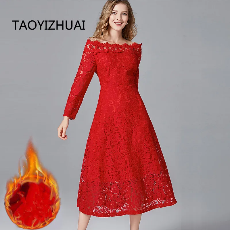 

Plus Size Red Dresses Winter Sexy Style Dress Plus 5XL Thicken Wool Slash Neck Mid Calf Fit and Flare Female Long Dress 14216R