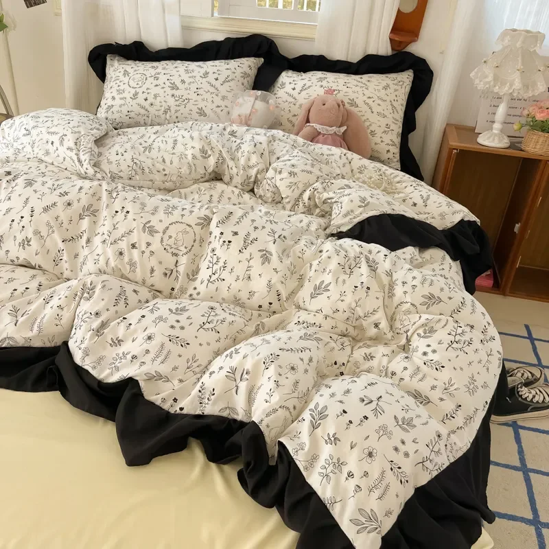 

French Floral Bedding Set No Filler Korean Romantic Ruffles Single Double Queen Size Duvet Cover Sheet Pillowcase Home Textile