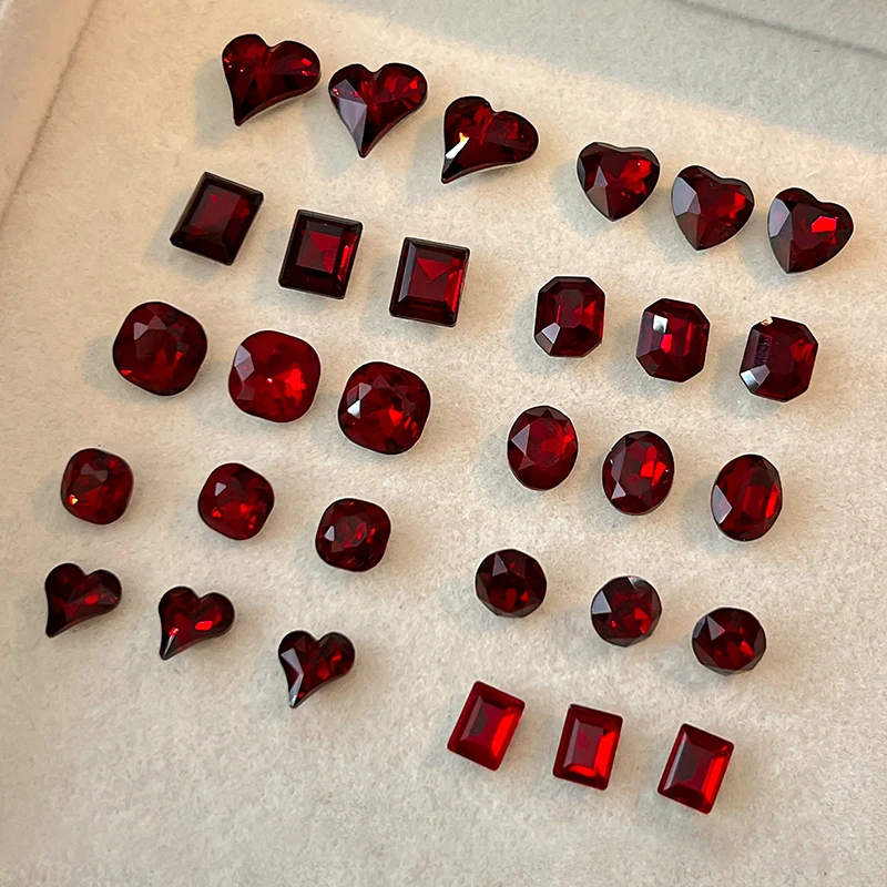 5 Pcs Multiple Shapes Red Nail Gems Pointed Bottom Rhinestones Nail Crystal Diamond Mixed Luxury Glass Rhinestones Charms Decor