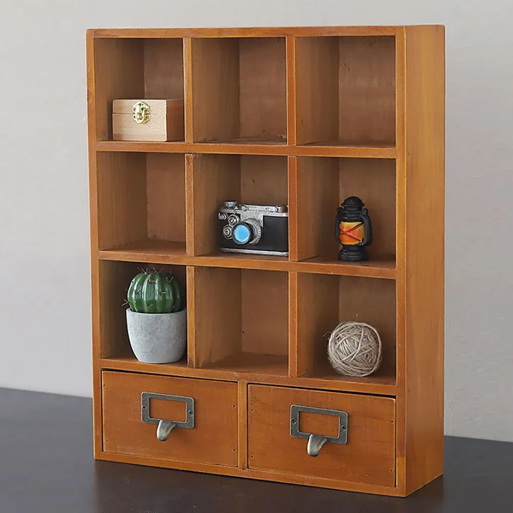  9-Cube Wooden Display & Storage Cabinet with 2 Drawers - Multilevel Organizer for Craft Decor & Furniture in Brown Finish