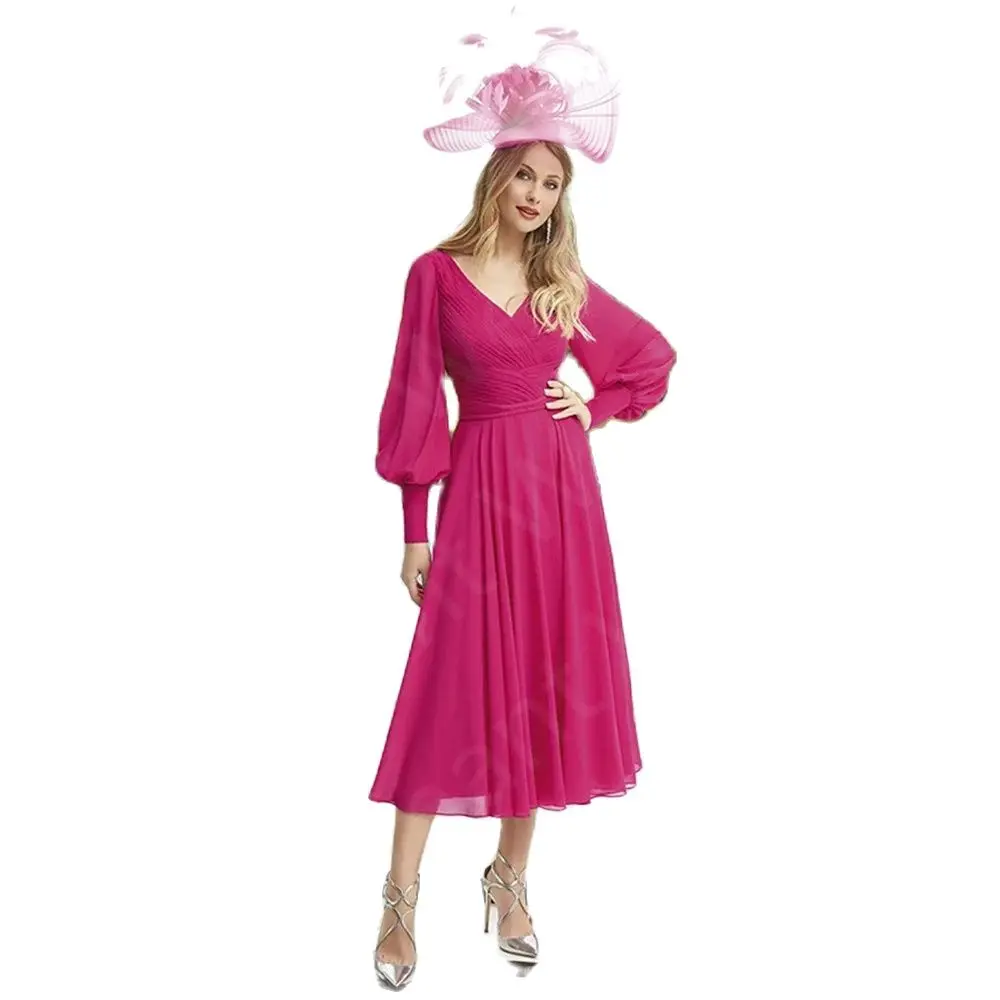 New Arrival Modern Mother of the Bride Dress Fuchsia Mid Calf Length  Dresses Long Sleeves Wedding Party Gowns V Neckline