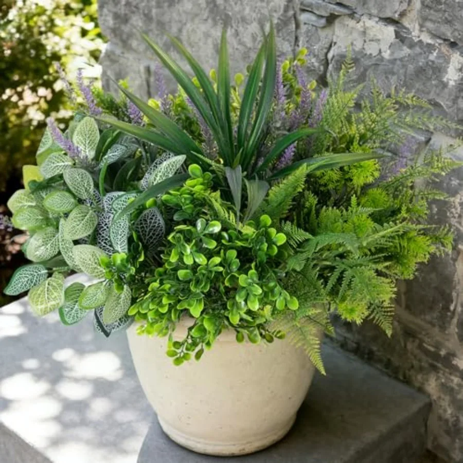 

Outdoor Faux Plants UV Resistant - 12 Bouquets Realistic Artificial Eucalyptus Fern Lavender Greenery for Patio Garden Front Po