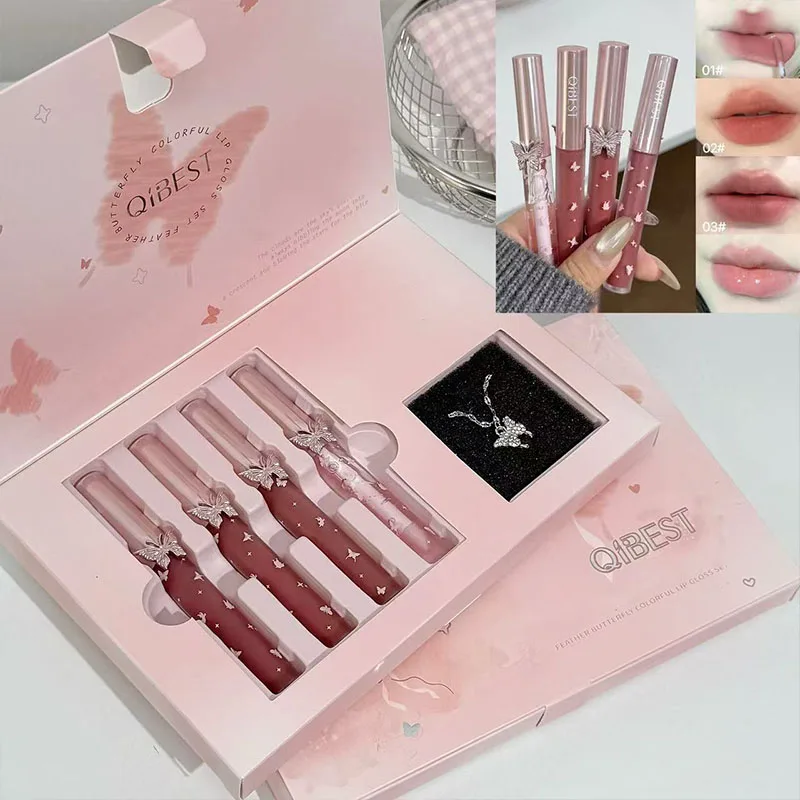 QIBEST Nieuwe 4 stuks Zachte Lipkleuren Make-up Kits Omvatten 3 * Matte Vloeibare Lipstick En 1 * Lippenbalsem Olie Cosmetische Sets Met Ketting Cadeau