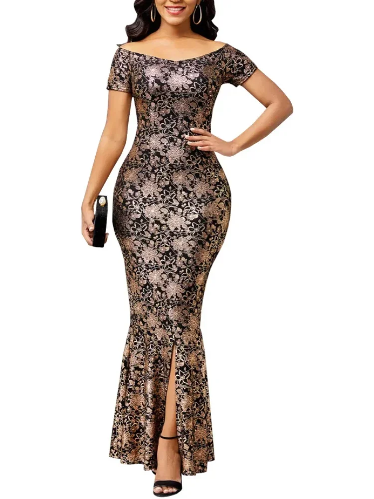 Abito da donna elegante abito da festa a fiori con spalle scoperte manica corta con spacco maxi abiti lunghi da donna