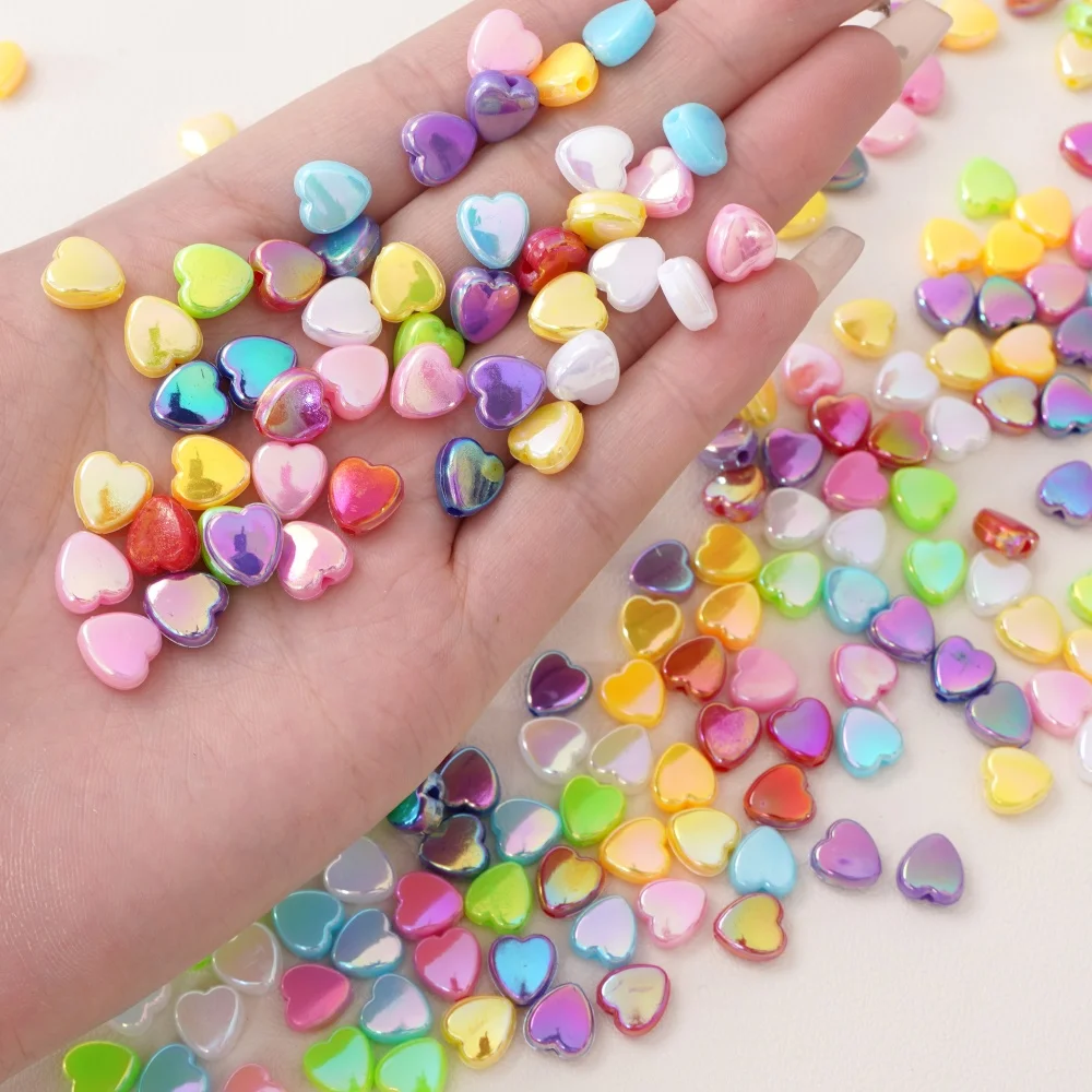100Pcs 8×9mm Acrylic Iridescent Heart Beads Loose Spacer Beads for Handmade Jewelry DIY Bracelet Phone Chain Pendants Materials