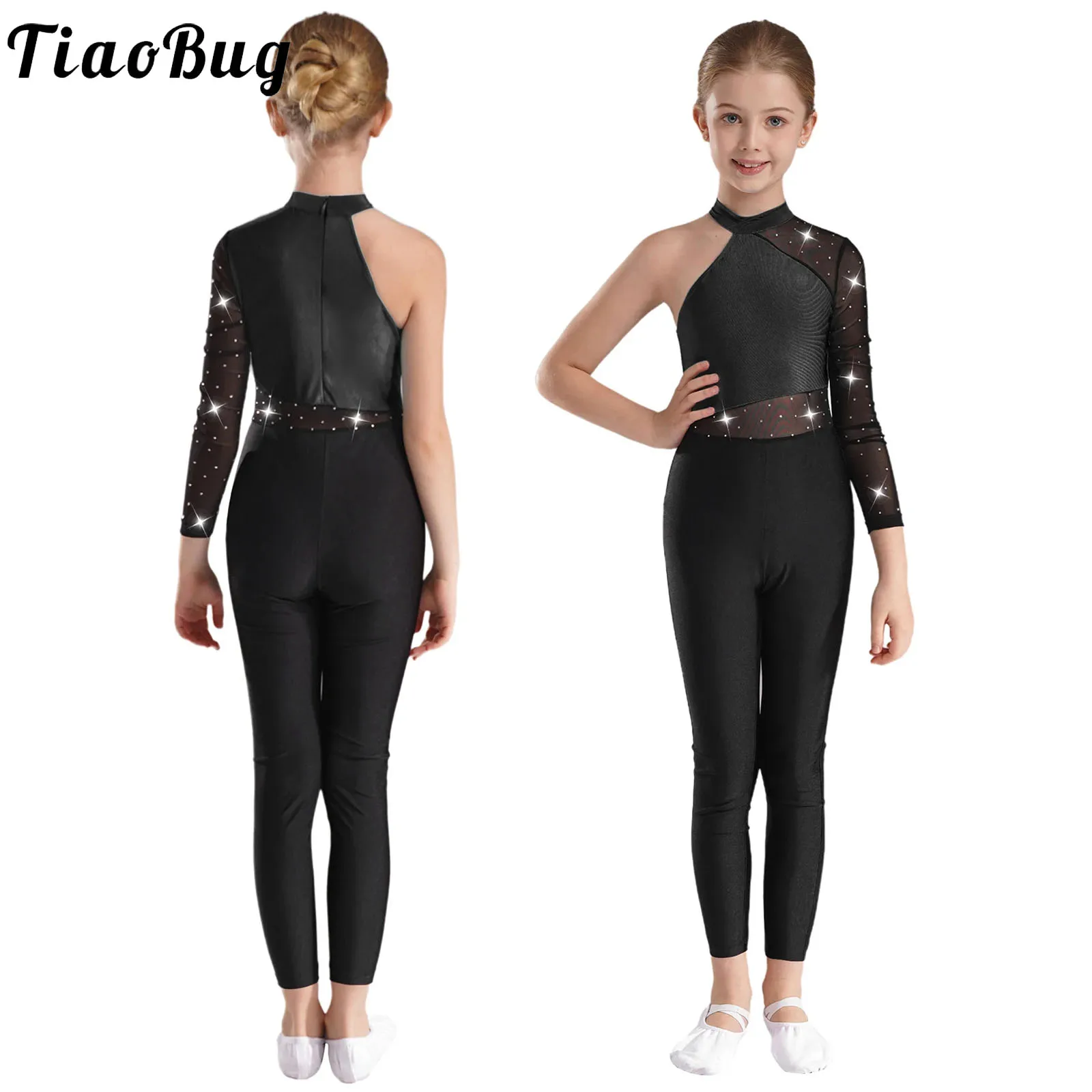 

Kids Girls One Shoulder Long Sleeve Ballet Dance Leotard Workout Full Body Suit Gymnastics Jumpsuits Figure Skating Costume