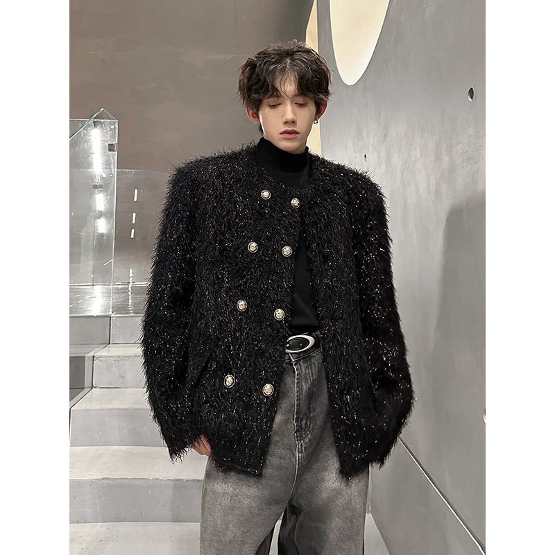2024 Autumn Winter Male Light Luxury Handsome High-end Collarless Jacket Tops Men\'s Double-breasted Small Fragrant Plush Jackets
