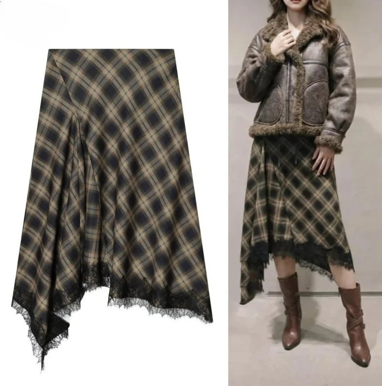 

Женская юбка со средней талией с асимметричным подолом — весенняя модная лоскутная юбка из кружева и клетчатого узора, уникальный дизайн