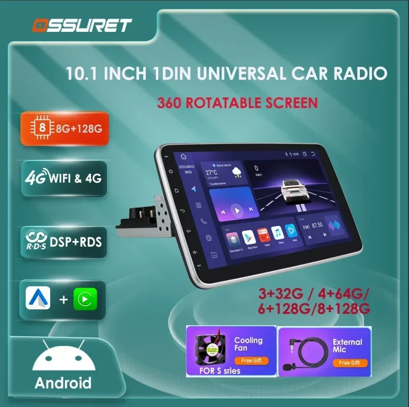 1din Carplay android auto radio Universal Autoradio Rotatable Screen GPS Multimedia Player 10.1