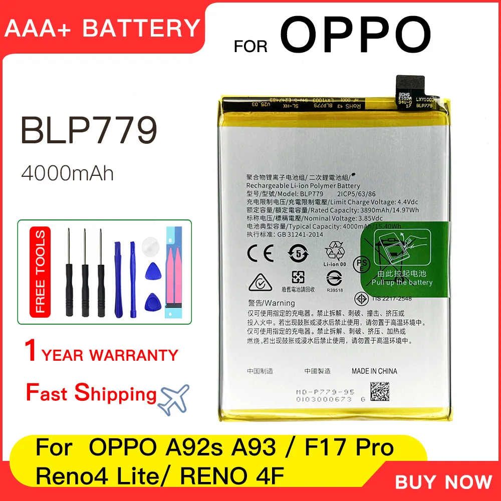 Genuine Battery 4000mAh BLP779 Battery For A92S A93 F17 Pro Reno 4Z Reno 4 Lite Mobile Batteries batteria+Free tools