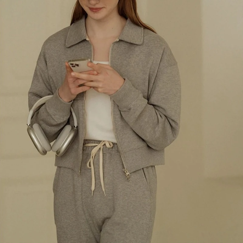 Fato de treino de algodão feminino com 2 peças, manga comprida, moletons e calças com zíper, terno de suor feminino, conjuntos de jogger, outono e inverno