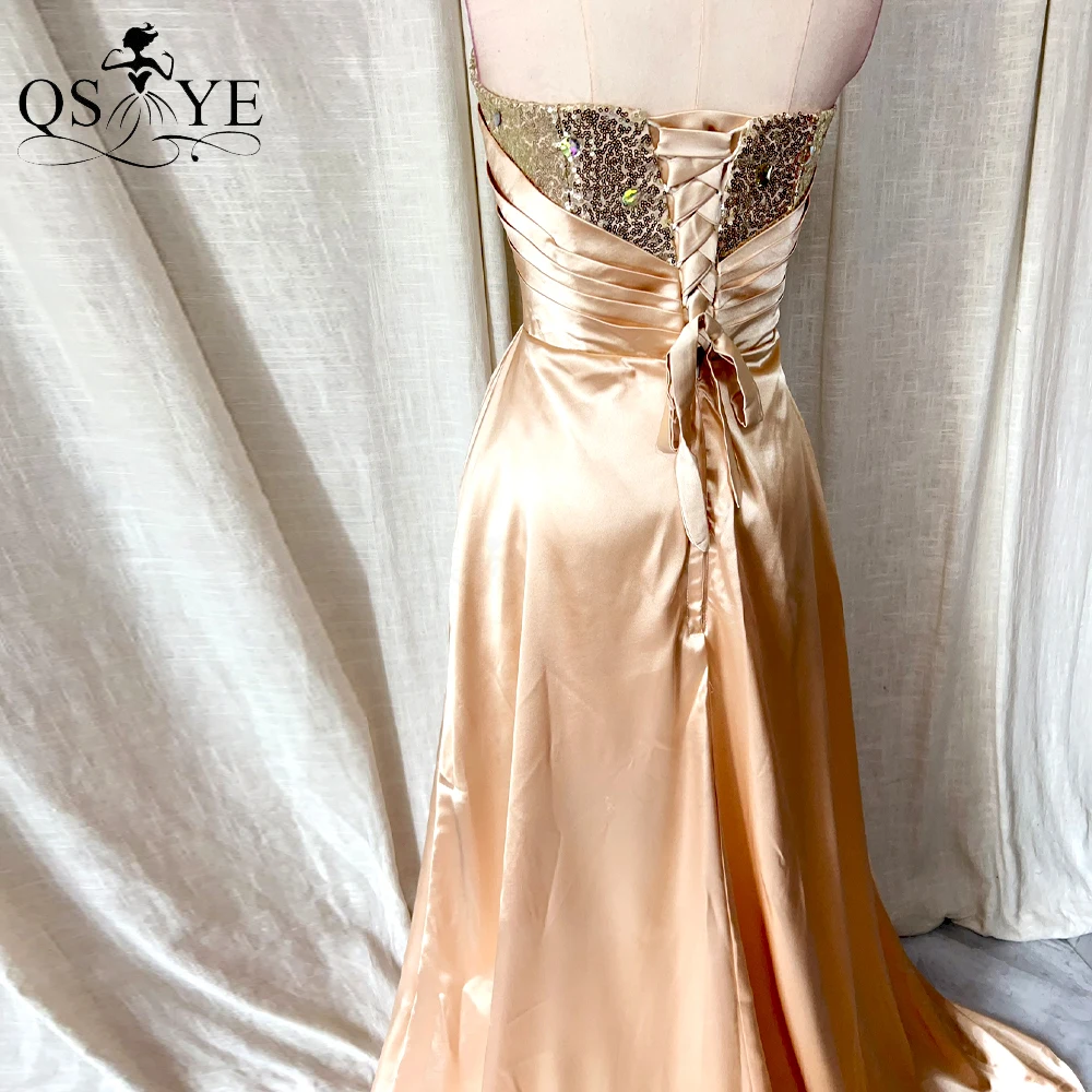 QSYYE-Vestidos largos de graduación sin hombros, traje de noche de satén con cuentas de cristal, vestido de fiesta de tren grande, alto-bajo, color champán