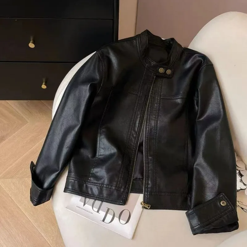 The New Stand-up Collar PU Leather Jacket for Women in Spring Has Cool and Stylish Look High-end Touch Trendy for Petite People