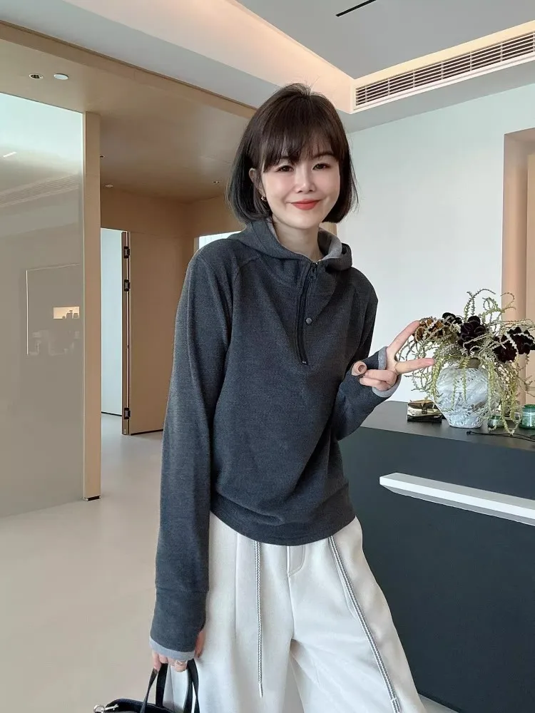 Sudadera gruesa de doble cara con capucha para mujer, jersey con media cremallera, Top de manga larga, chaqueta holgada, ropa de abrigo cálida informal para invierno