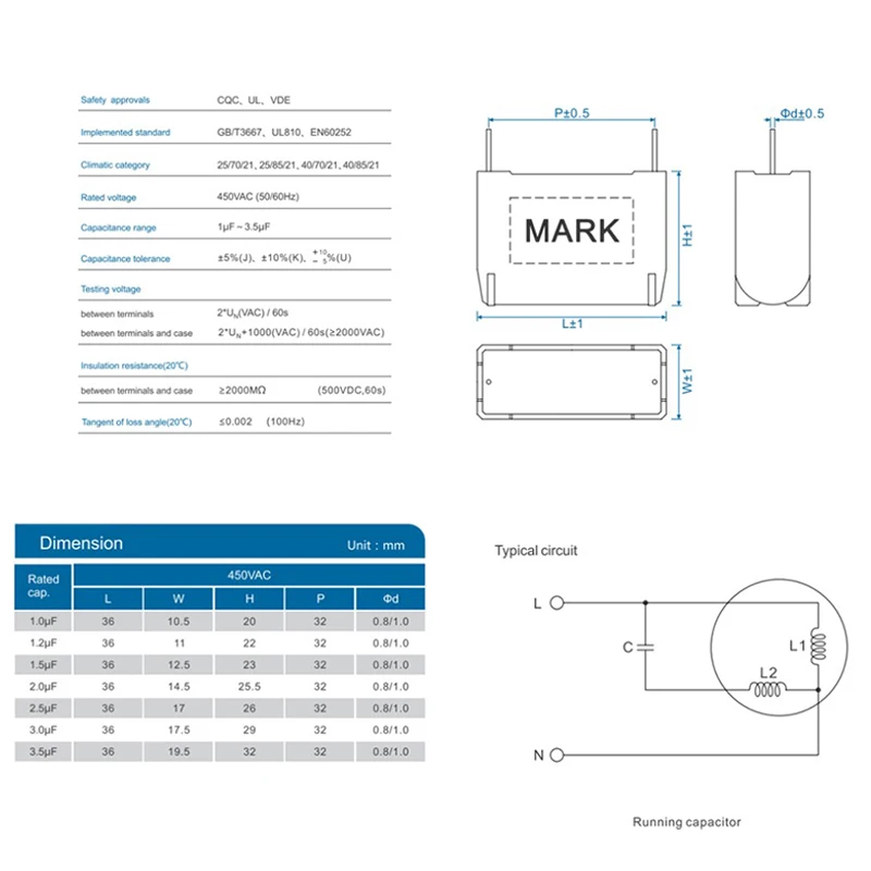 1PC BM CBB61 1/1.2/1.5/2/2.5/3/3.5uF 450V Air Conditioning Fan Pin Motherboard Capacitor Start Part