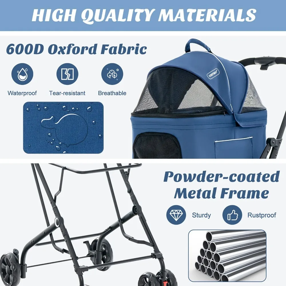Double Pet Stroller for 2 Dogs or Cats w/ 2 Detachable Carriers Safety Belt Blue - view 6