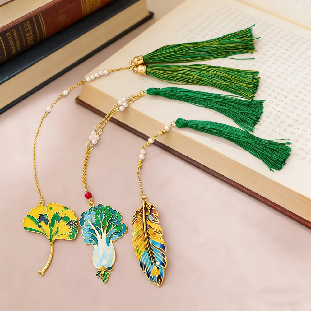 Creative Long Tassel Feather Bookmark Simulated Cabbage Ginkgo Leaves Pendant Accessories Student Reading Mark Book Page Clip