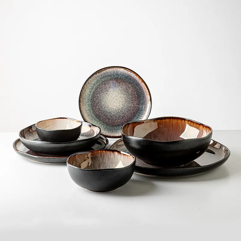 Light Luxury Style Gradually Changes From Kiln To Glazed Tableware Vintage Porcelain Irregular Ceramic Bowl and Plate Set