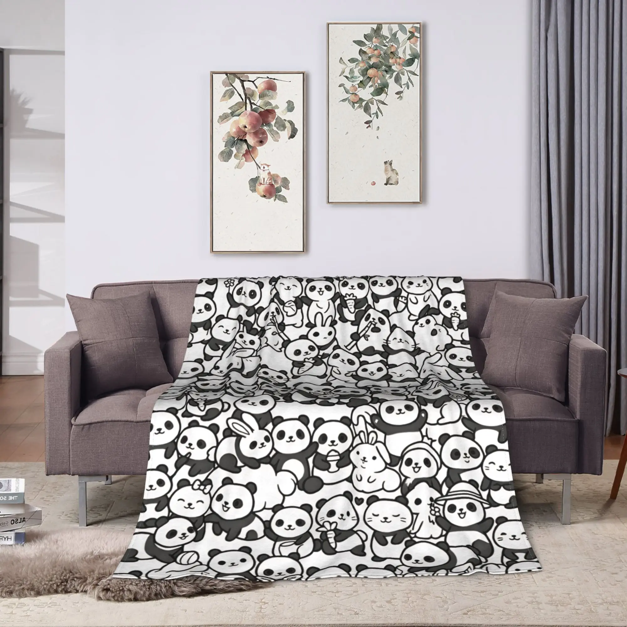 Cute Panda And Rabbit Doodle Pattern Line Art Blanket Winter  Warm Comfy Throw Blanket For Girl Home Flannel Bedspread Bed Cover