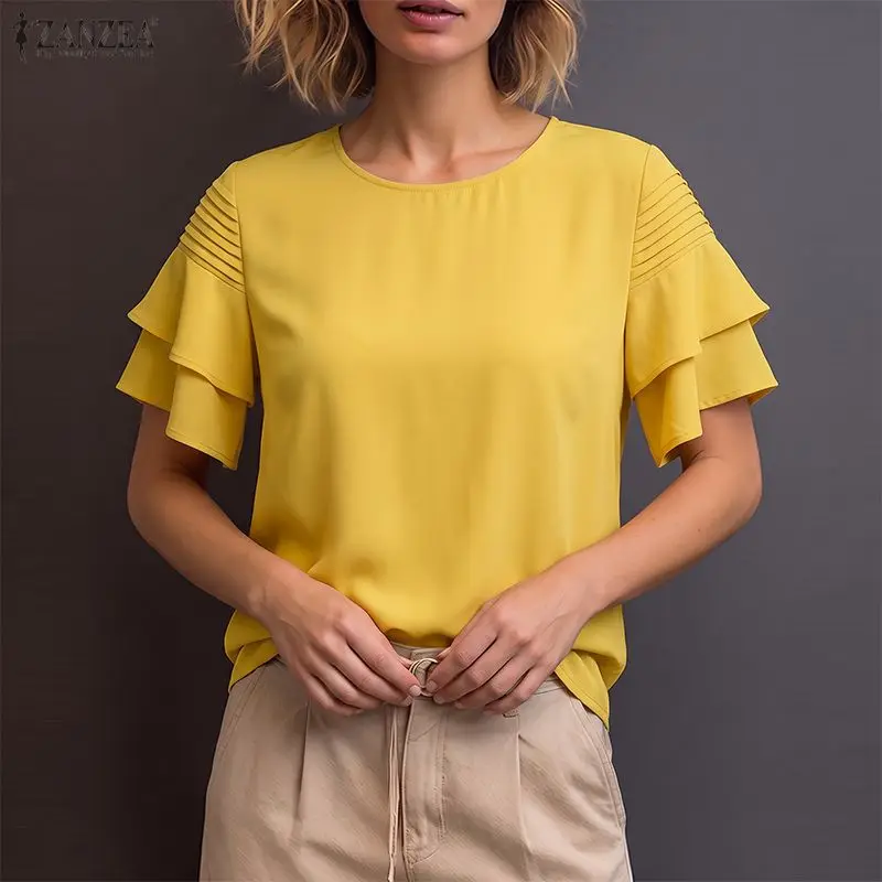 Elegant Women OL Work Blouse ZANZEA Summer Solid Color Ruffled Trim Tops Casual O Neck Short Sleeve Baggy Work Shirt Mujer Femme