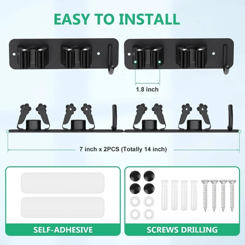 Suporte para esfregão montado na parede, suporte para esfregão e vassoura aço inoxidável, sem perfuração automática e65b