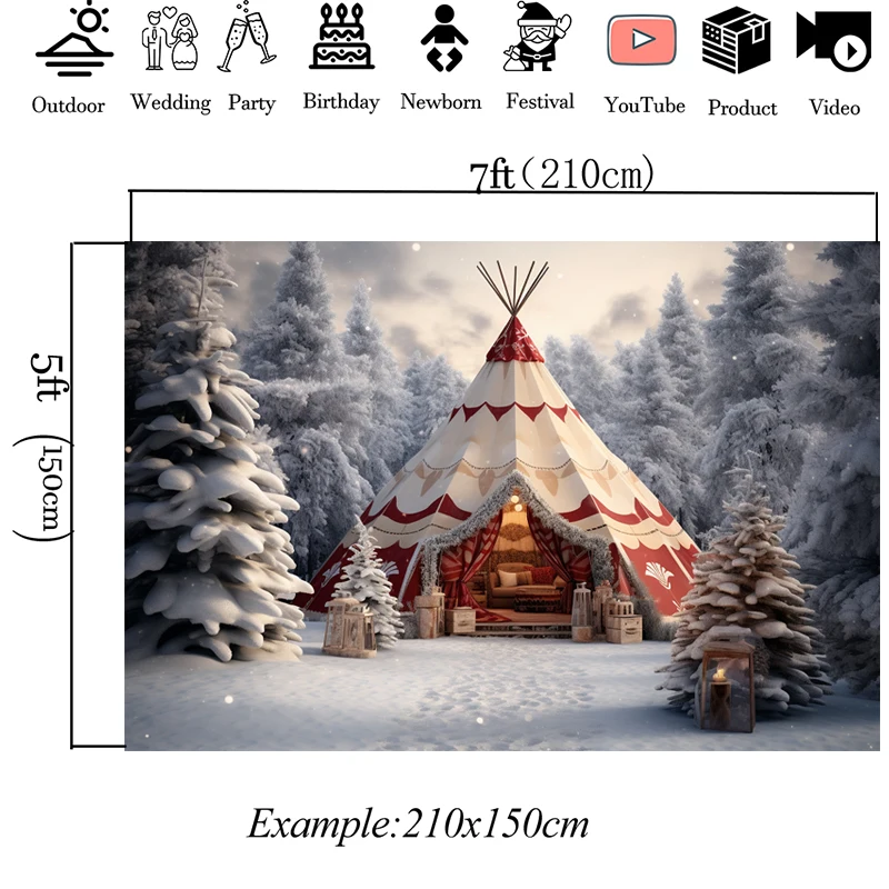 Moclicka tenda Natal latar belakang fotografi, salju musim dingin luar ruangan pohon Kemah pesta foto latar belakang Studio Photozone Tahun Baru