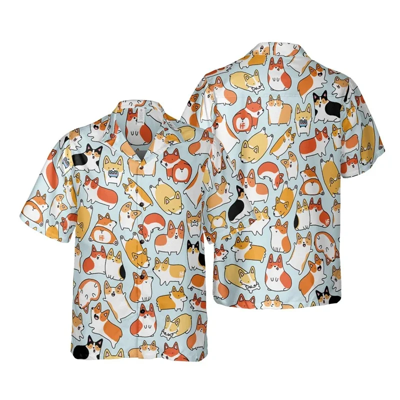 Camisa de praia masculina e feminina Corgi Pattern, camisas Aloha impressas em 3D, blusa de manga curta, tops de lapela havaiana, animal fofo