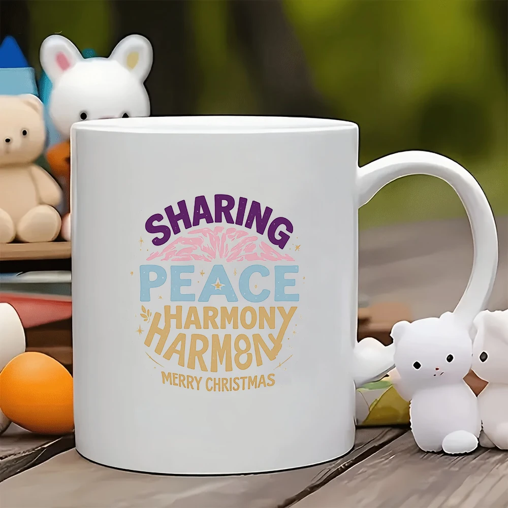 

11oz Cup Holiday Sticker Design SHARING PEACE HARMONY Merry Christmas Cartoon Style Christmas Gift Kids Cup Family Office
