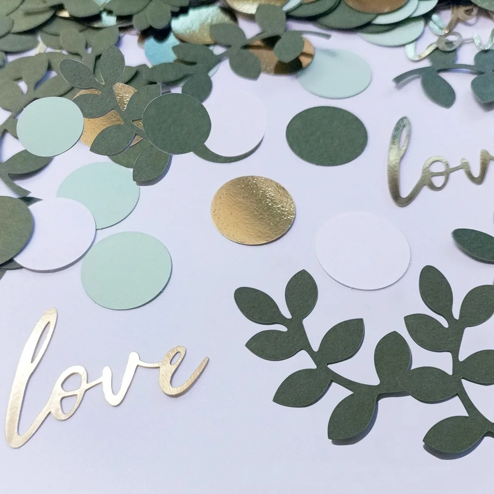 100PCS Sage Leaves Confetti Green Round Paper Gold Love Confetti for Wedding Birthday Party Decorations Table Scatter Supplies