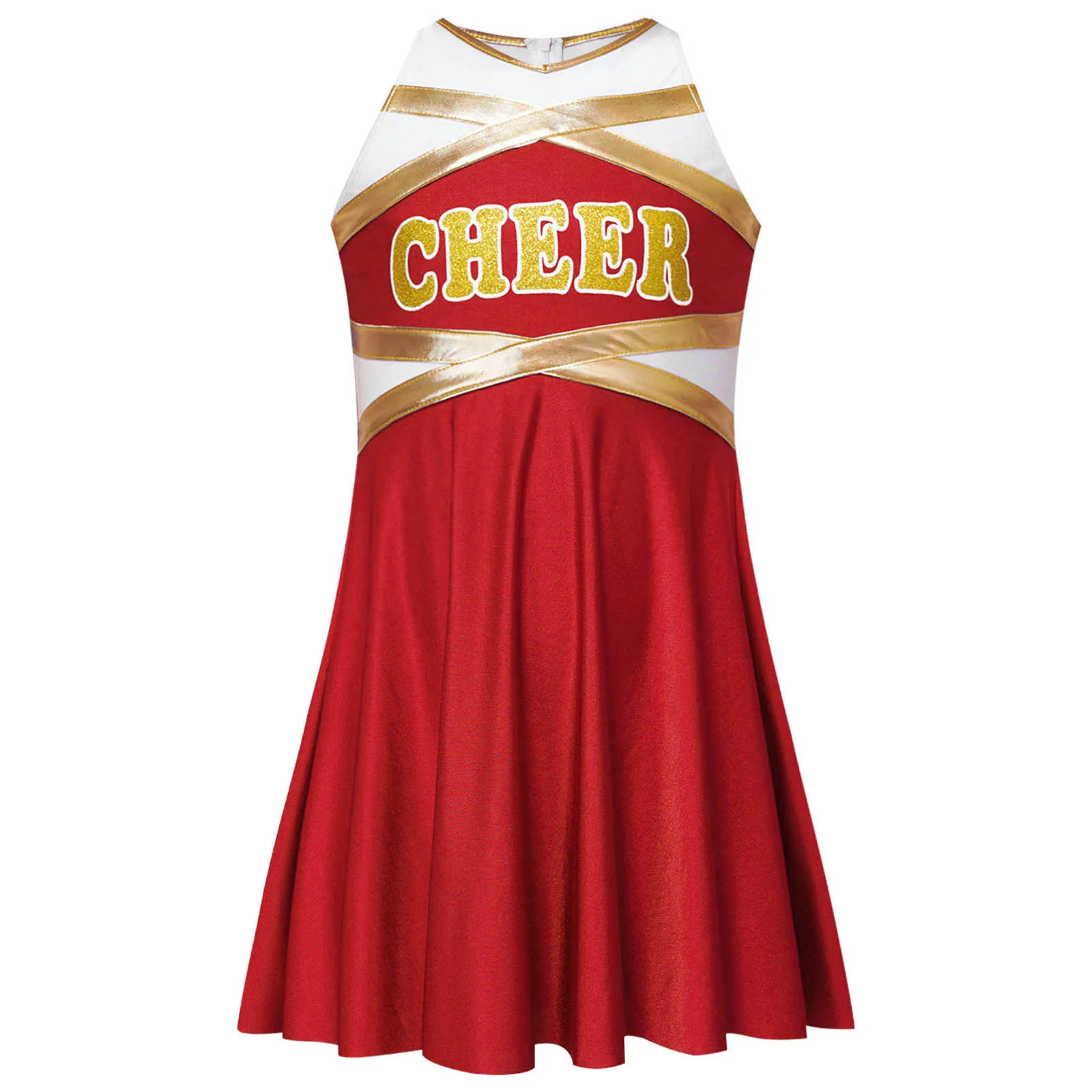 Kids Girls Cheerleader Costume Cheer Dance Performance Dancewear Cheerleading Uniform Sleeveless Letter Print Metallic Dress