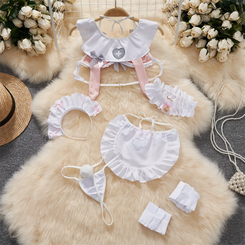 Cosplay Maid Y2K Patchwork Sexy Lingerie Bow Cute Pink Sweet Hot Lace-up Neck-mounted Crop Top Women Short Sets Hollow Skirt New