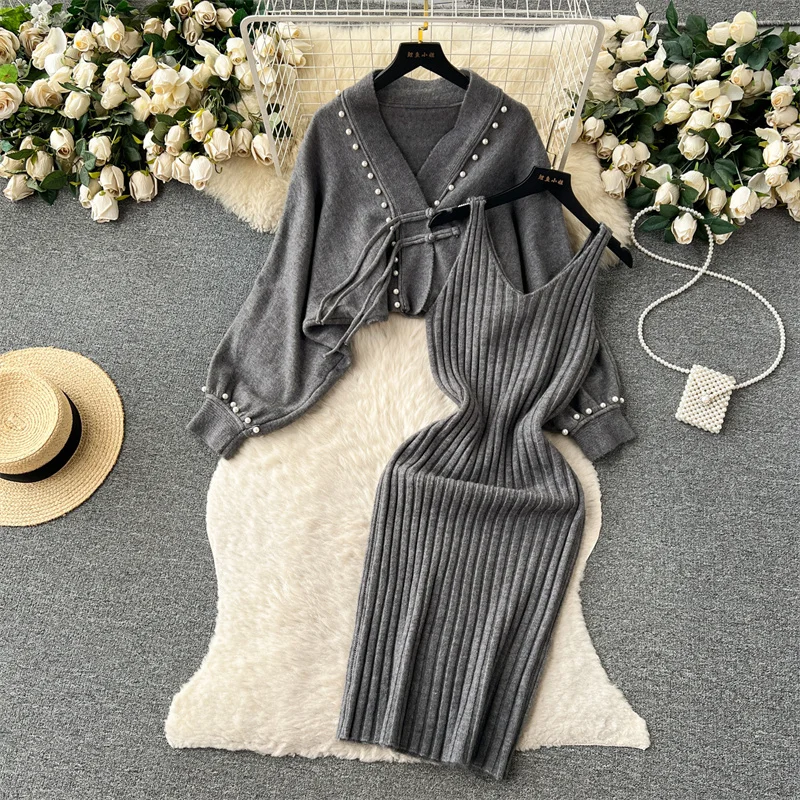 Autumn Winter Women Fashion Knitted Sets Long Slim Sling Dress Beaded Short Knitted Sweater Jacket Ladies Sweet Two-piece Sets