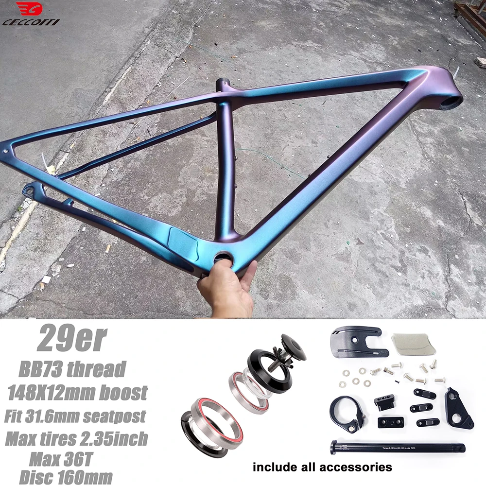 

CECCOTTI popular Chameleon colored 29er MTB Carbon Bike Frame 148x12 Thru Axle Disc Carbon Mountain Bike Frame BSA Bicycle Frame