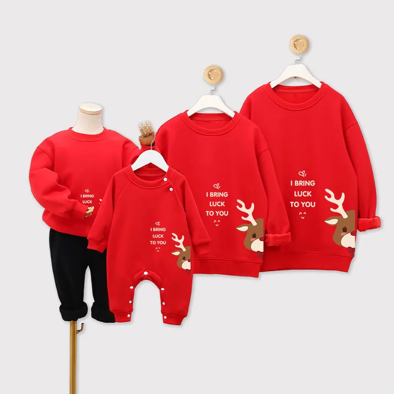 Christmas Family Look Matching Outfits Sweatshirts Pullovers Cartoon Reindeer Print Hoodies Baby Rompers O-Neck Tops Xmas