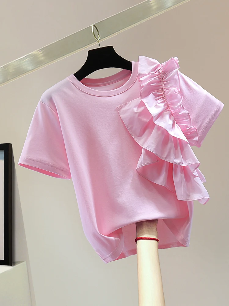 

Slimming Color Splice round Ne ort Sve T-irt Elastic Straight Cut Top Korean Sle Summer 2025 Commute Faion