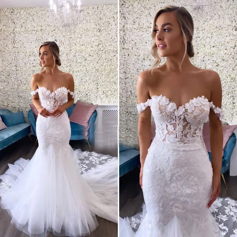 

MANRAY Mermaid Tulle Wedding Dresses 2023 Sweetheart Off The Shoulder Lace Appliques Bride Dress Court Train Vestido De Novie