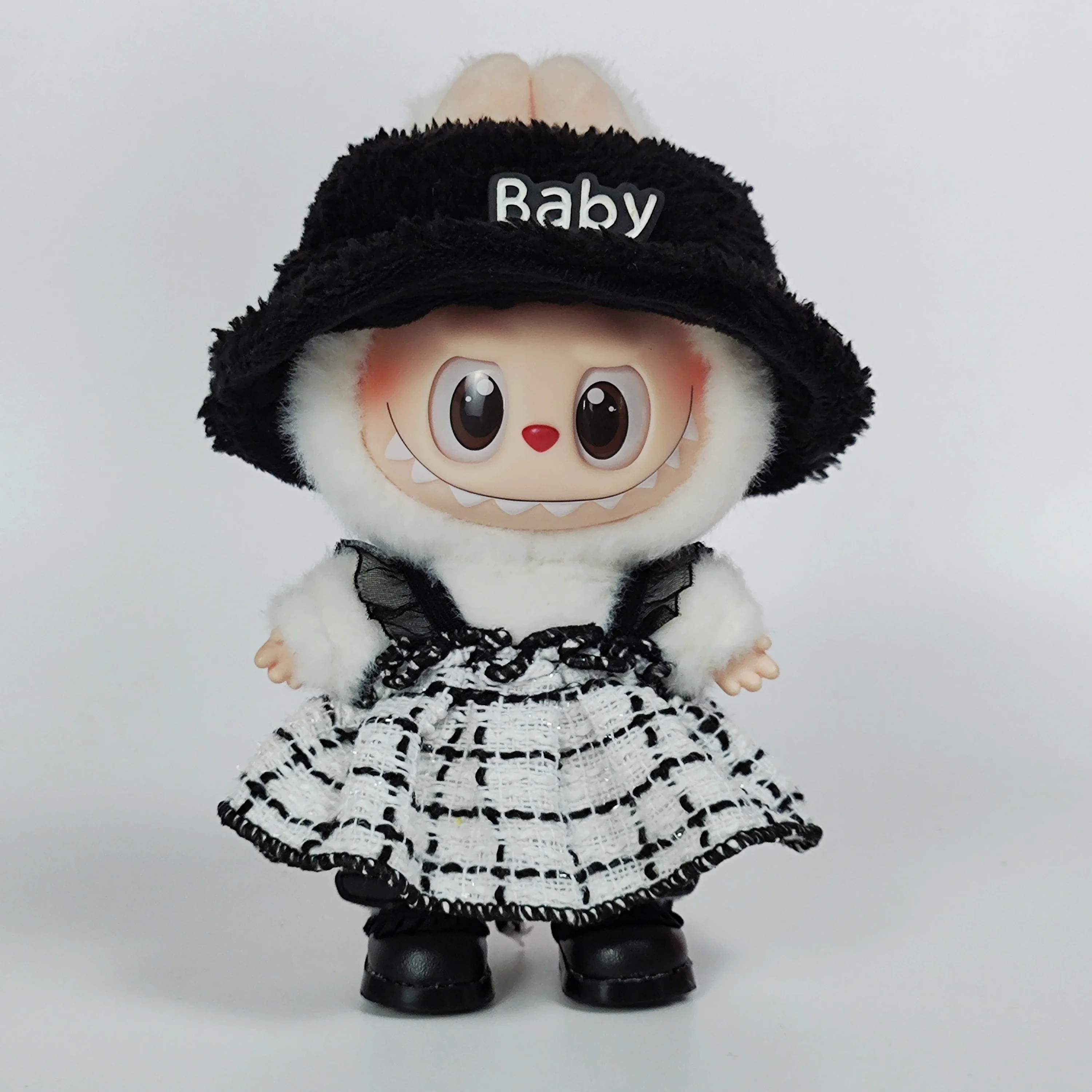 Clothes for Labubu   Hanging Outfits - Sitting Doll White Patchwork Plaid Pinafore Dress (Chanel-style)
