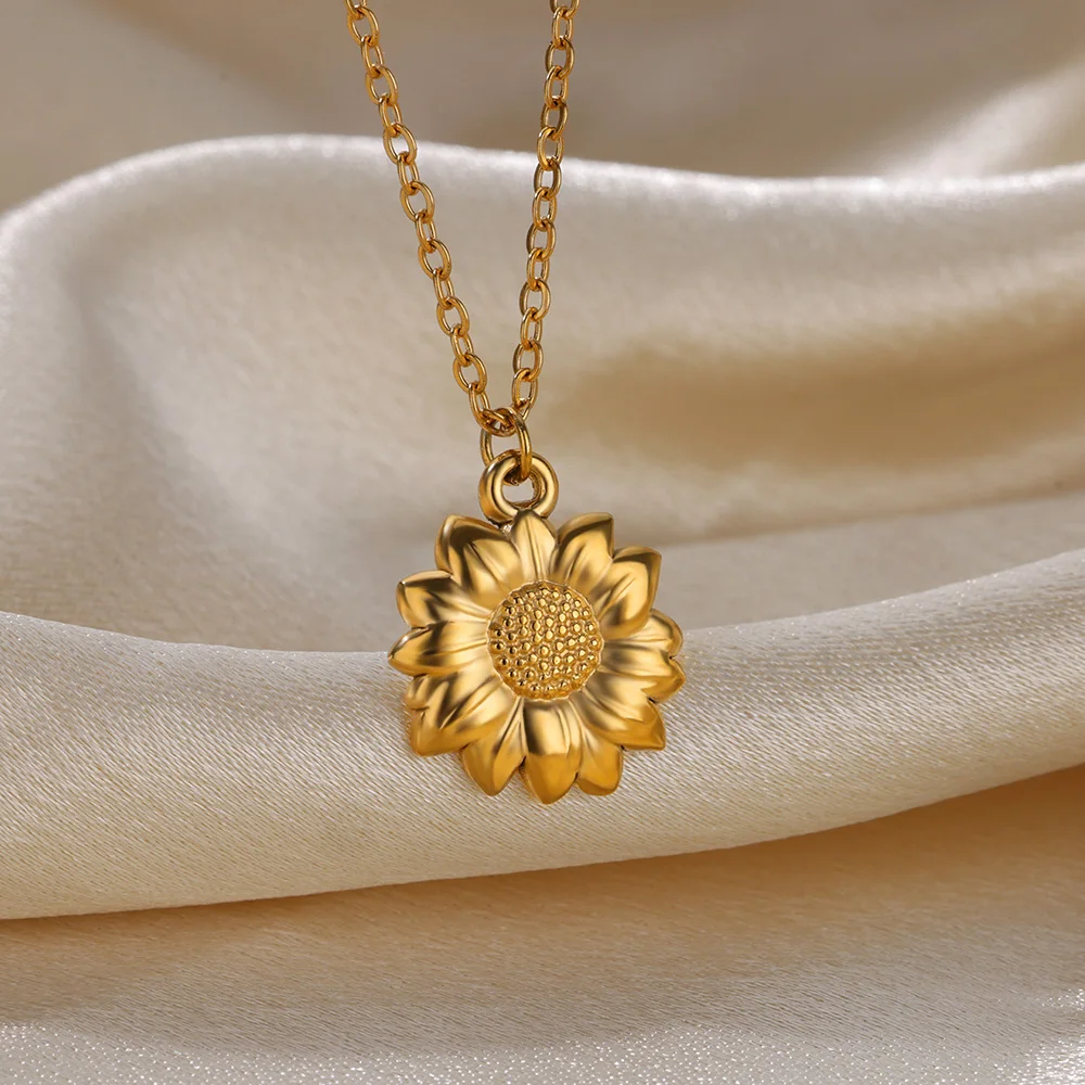 Delicate Sun Pendants Necklace for Women Gold Color Stainless Steel Moon Sunflower Waterproof Necklace Party Jewelry Gift