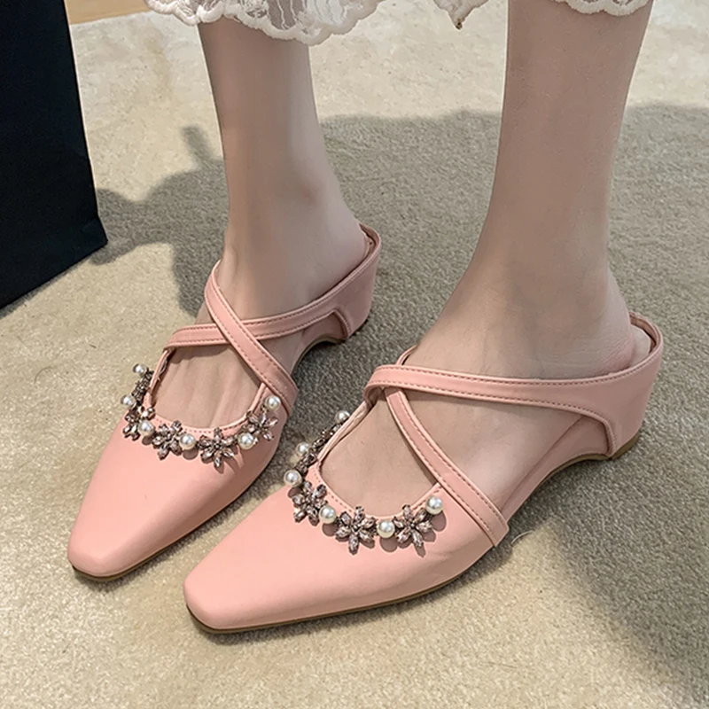 

Женские туфли-лодочки, элегантная обувь с кристаллами, тапочки с открытой пяткой, летние женские сандалии, новинка 2024, трендовые прогулочные уютные Mujer Zapatillas