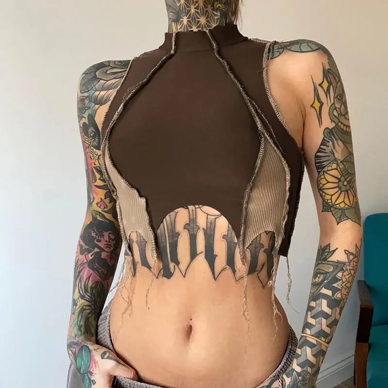 Edgy Ausgefranstes Slim-Fit Streetwear Sexy Tanktop Frühling Sommer 2026 Trendiges Damen Graues Ärmelloses Crop Top mit Hohem Kragen