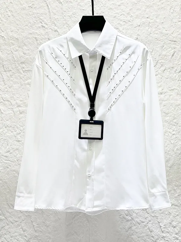 Rivet Collar Shirt Long Sleeved Men's Fashion Minimalist Loose Casual Versatile Shirt Social Nightclub Stage Performance Shirts