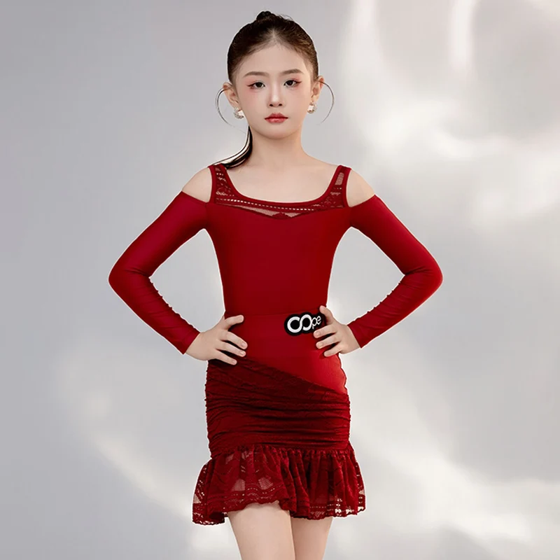 

Kids Latin Dance Dress Girls Long Sleeves Red Lace Suit Practice Taining Clothes Cha Cha Rumba Dance Performance Dress BL17324