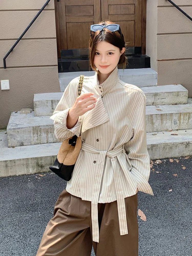 

Винтажная рубашка-пальто в полоску для женщин, с воротником-стойкой, длинными рукавами, элегантная весенняя блузка в корейском стиле, ретро, приталенная, модный топ