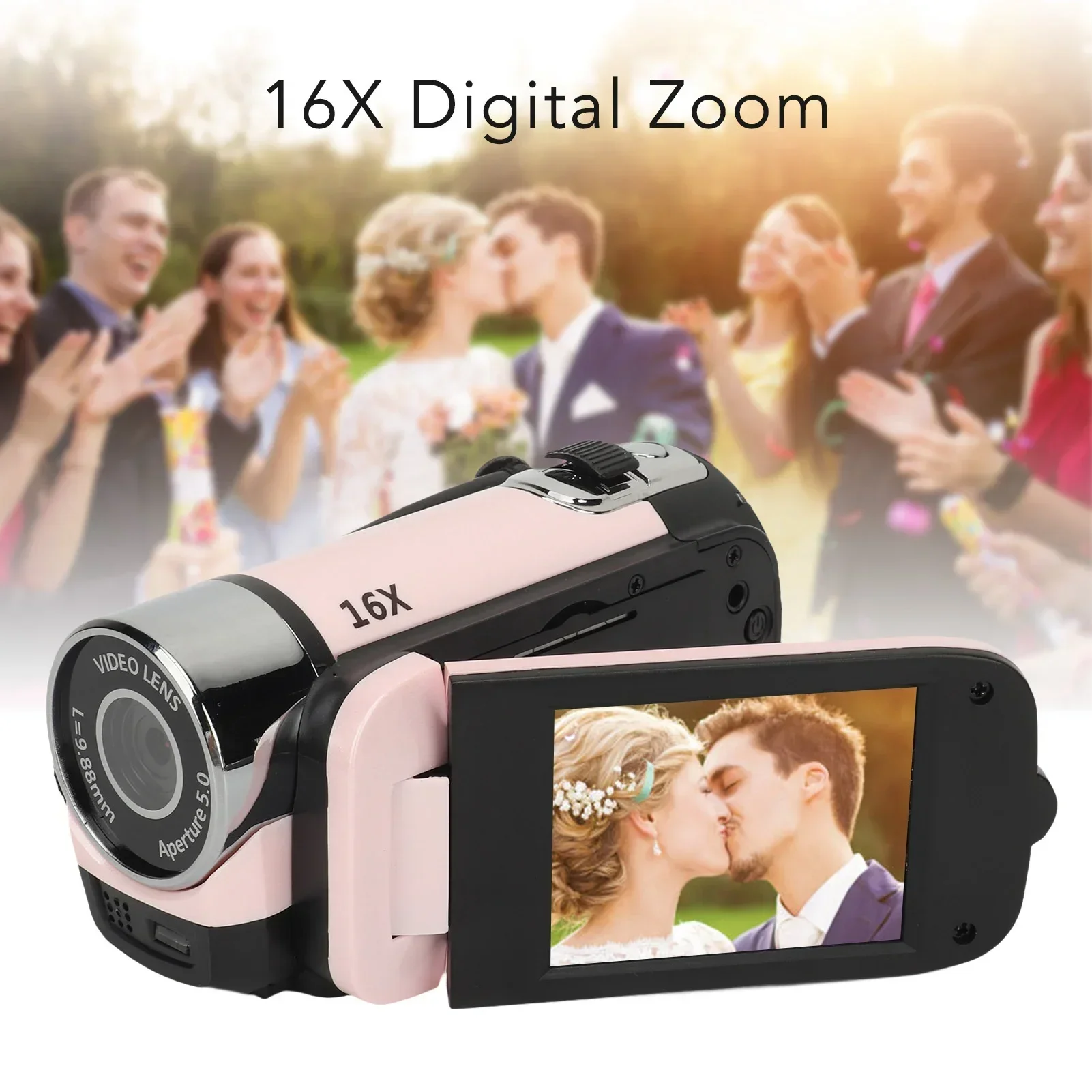 2.4 인치 회전식 스크린 캠코더, D90 1080P 16MP 디지털 카메라, 16X 줌 HD 비디오 녹음기, 필 라이트 핑크 포함