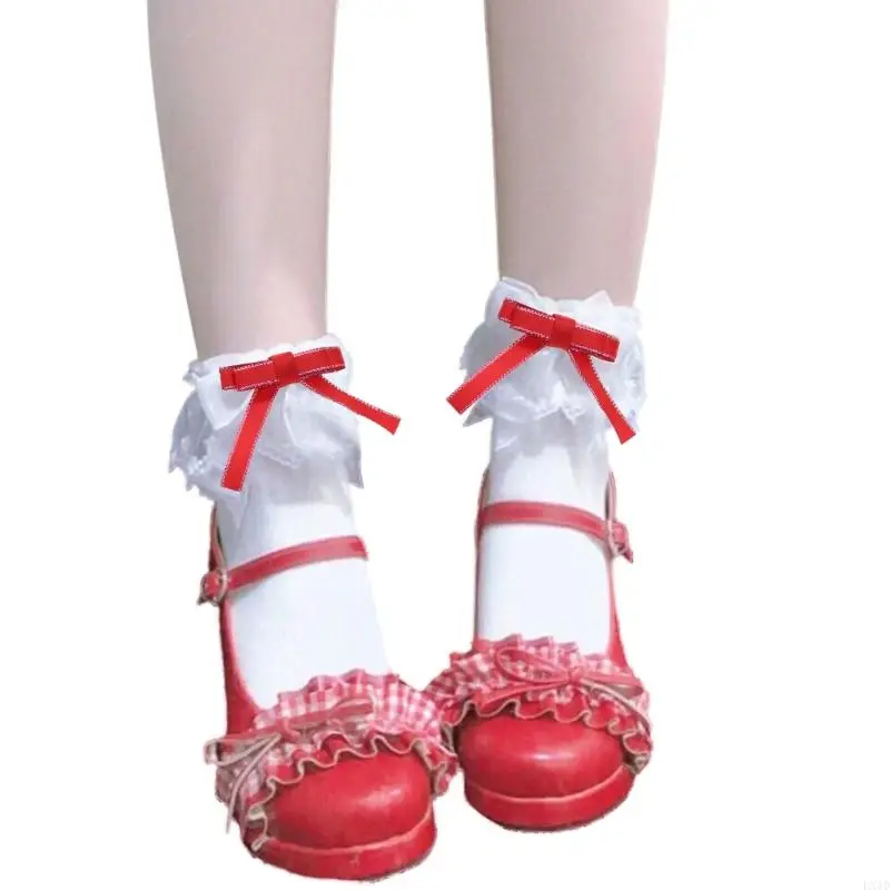 LXAD Womens Japanese Sweet Socks Ruffle Lace Top Ribbon Bowknot Ankle Socks