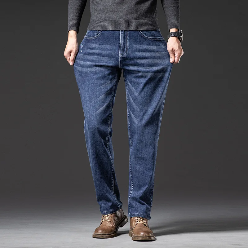 Primavera autunno pantaloni larghi dritti grassi pantaloni di mezza età plus size jeans elastici pantaloni blu da uomo 48 jeans da uomo