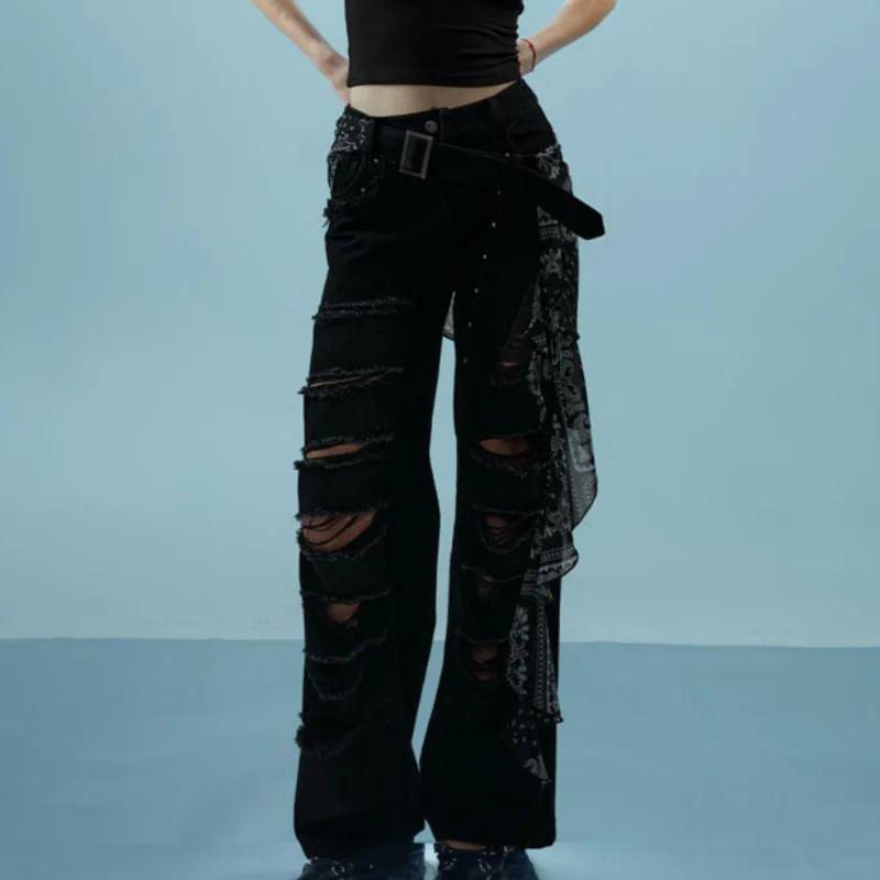 ANJY Spring Autumn New Women Vintage Tide Dark Style Ripped Jeans Patchwork Detachable Shirt-extender Straight Denim Pants A7711